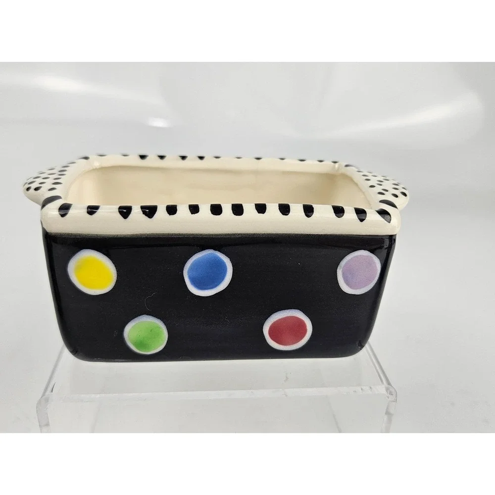 Lynn Morris Signed 3 Piece‎ Ceramic Creamer Sugar Set Polka Dot Black